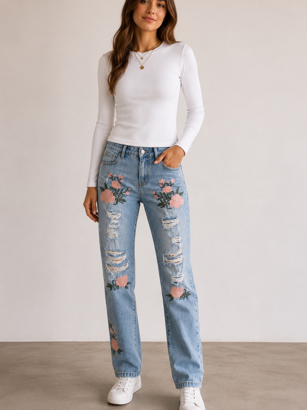 ONLY Tonni Boyfriend Jeans Floral Embroidered Distressed Denim 27/32